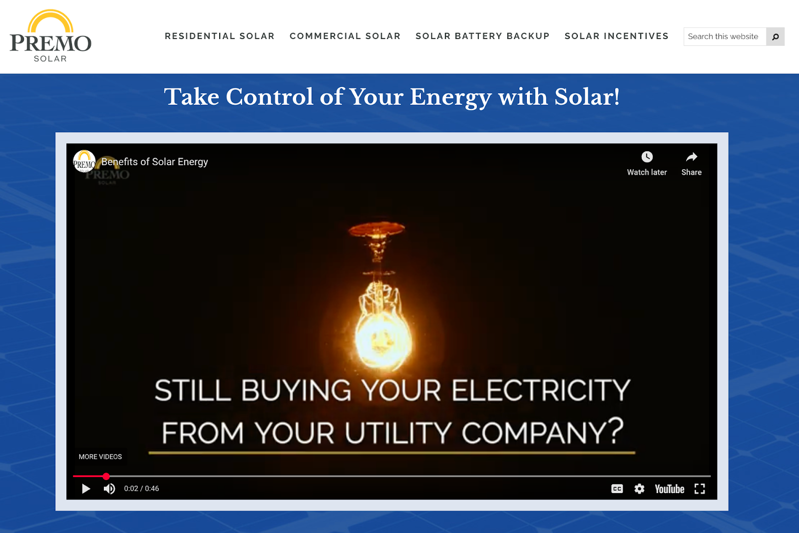  Premo Solar “take control of your energy” messaging
