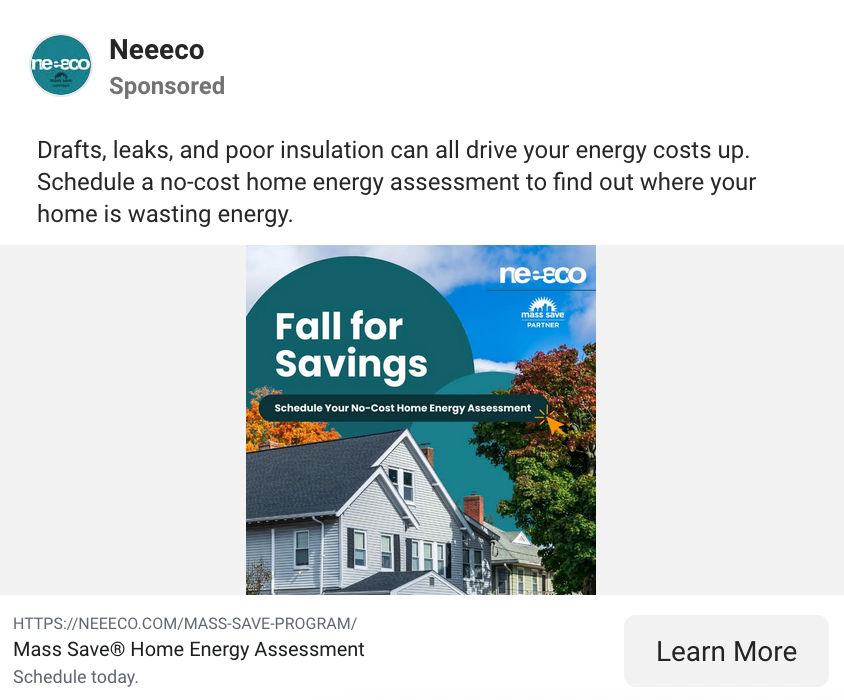 Insulation connected to high energy bills in Facebook ad from Energy Circle client Neeeco.