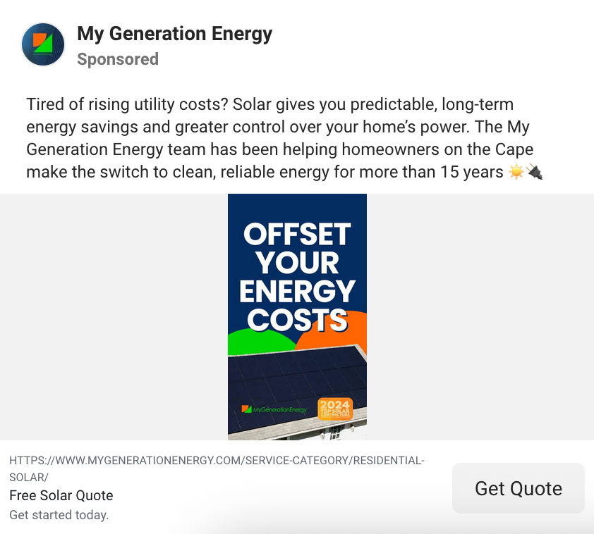 A Facebook ad from My Generation Energy on long-term energy benefits of solar panel installation. 