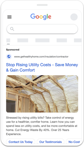 Google ad from Healthy Home Energy & Consulting acknowledges pain, but emphasizes solutions