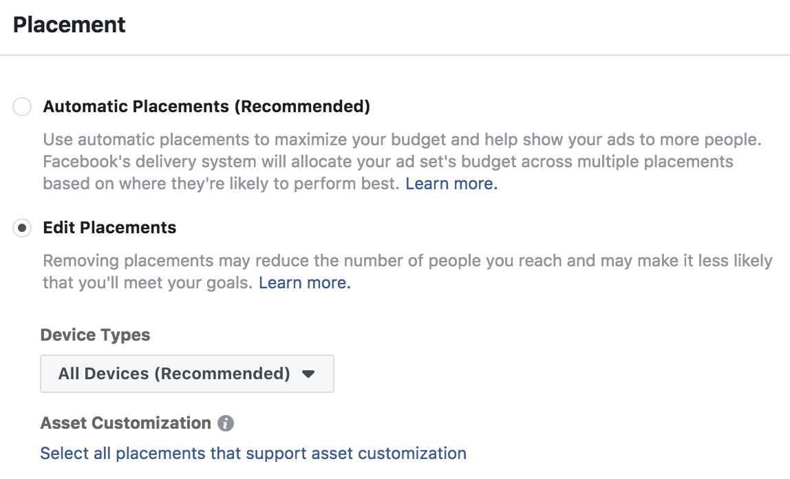 Facebook Ad Placement Settings for Instagram