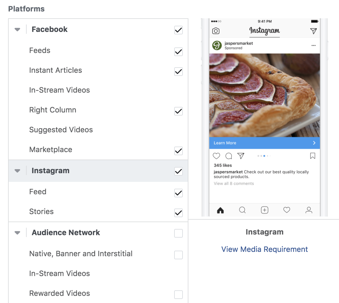 Screenshot of checking Instagram as a placement for Facebook ad