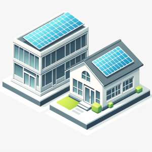 A residential and commercial building side by side with solar panels installed