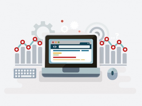 illustrated technology concept graphic of a computer, data charts and gears