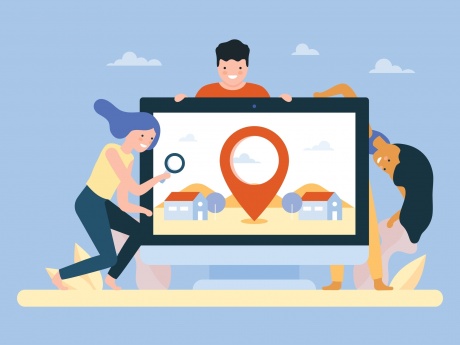 graphic image depicting people searching for a place using magnifying glass indicating 'local search'