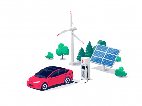 images of electrification including an electric vehicle and charger, a solar panel, and a wind turbine