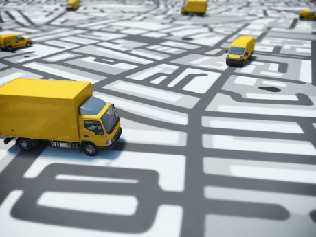 yellow delivery truck on route map vector